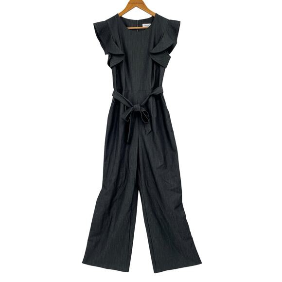 Calvin Klein Dark Chambray Jumpsuit Flutter Sleeves Business Casual Office Fit 8 - Picture 1 of 9